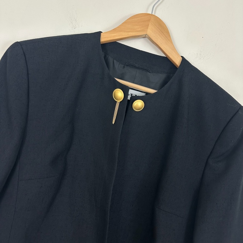 Trevira Ravens Blazer Jacket Black True Vtg Collarless Gold Button Womens 12